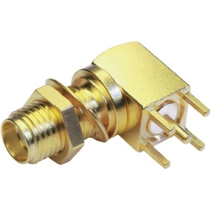 SMA gniazdo panelowe kątowe do płytki PCB, (gr. panela 1,5-3,2 mm) złocone (J01151A0821)  